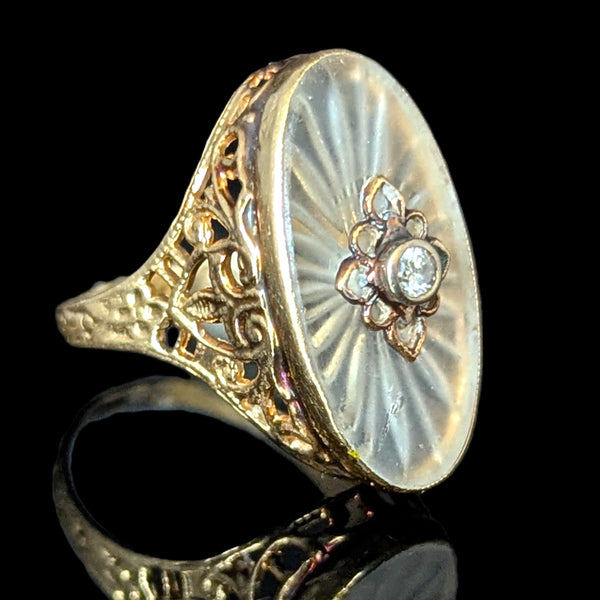 1930s Diamond 10-14k Yellow Gold Camphor Glass Ring Cocktail Filigree Art Deco 