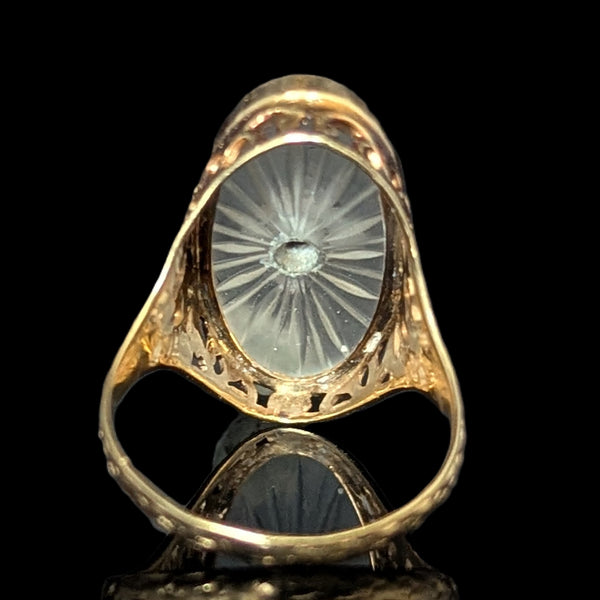 1930s Diamond 10-14k Yellow Gold Camphor Glass Ring Cocktail Filigree Art Deco 