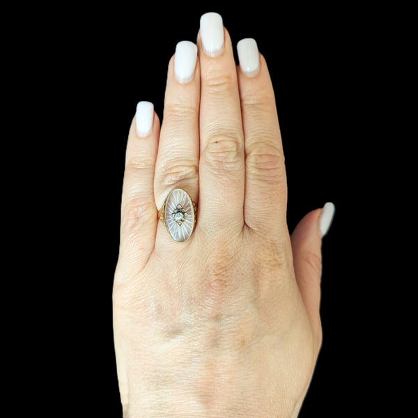 1930s Diamond 10-14k Yellow Gold Camphor Glass Ring Cocktail Filigree Art Deco 