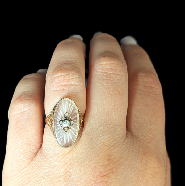 1930s Diamond 10-14k Yellow Gold Camphor Glass Ring Cocktail Filigree Art Deco 
