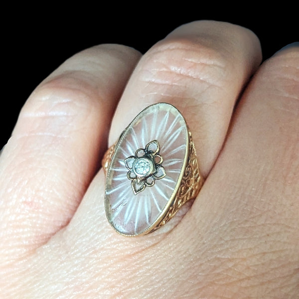 1930s Diamond 10-14k Yellow Gold Camphor Glass Ring Cocktail Filigree Art Deco 