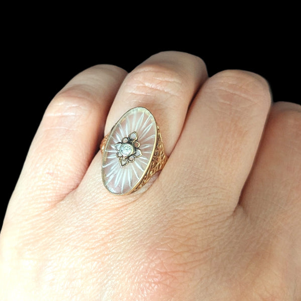 1930s Diamond 10-14k Yellow Gold Camphor Glass Ring Cocktail Filigree Art Deco 