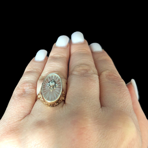 1930s Diamond 10-14k Yellow Gold Camphor Glass Ring Cocktail Filigree Art Deco 