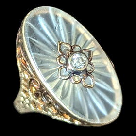 1930s Diamond 10-14k Yellow Gold Camphor Glass Ring Cocktail Filigree Art Deco 