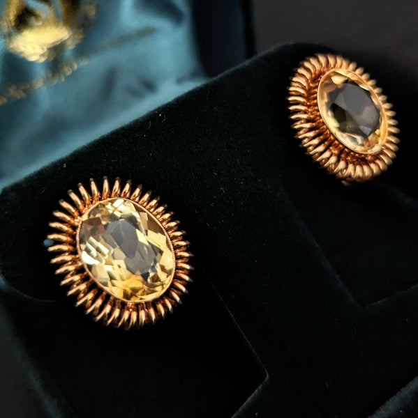 1940s Citrine 14k Yellow Gold Coiled Earrings Non Pierced Screw Vintage Retro