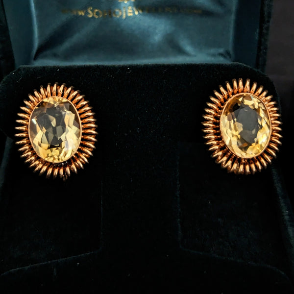 1940s Citrine 14k Yellow Gold Coiled Earrings Non Pierced Screw Vintage Retro