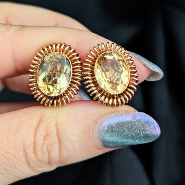 1940s Citrine 14k Yellow Gold Coiled Earrings Non Pierced Screw Vintage Retro