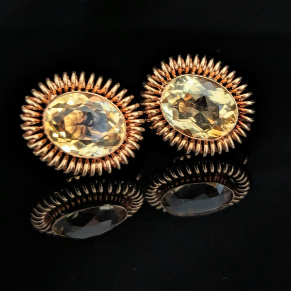 1940s Citrine 14k Yellow Gold Coiled Earrings Non Pierced Screw Vintage Retro