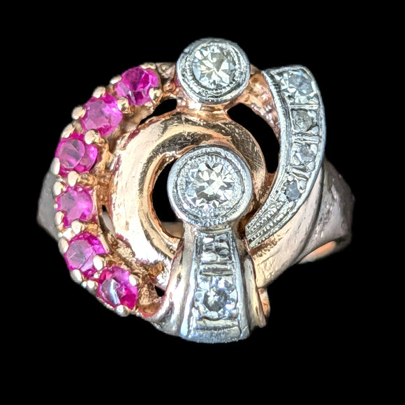 Marietta - 1940s Retro Era Diamonds Rubies 14k Rose Gold Cocktail Ring