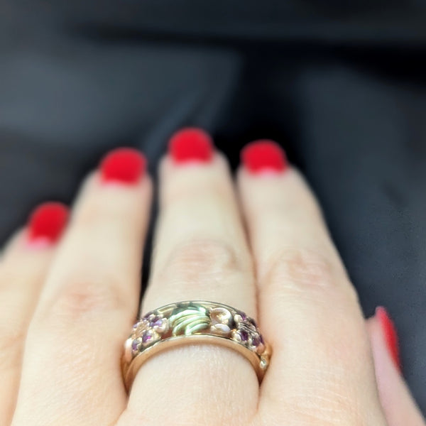 1940s Retro Era 14k Rose Green Gold Rubies Floral Eternity Band Ring Vintage