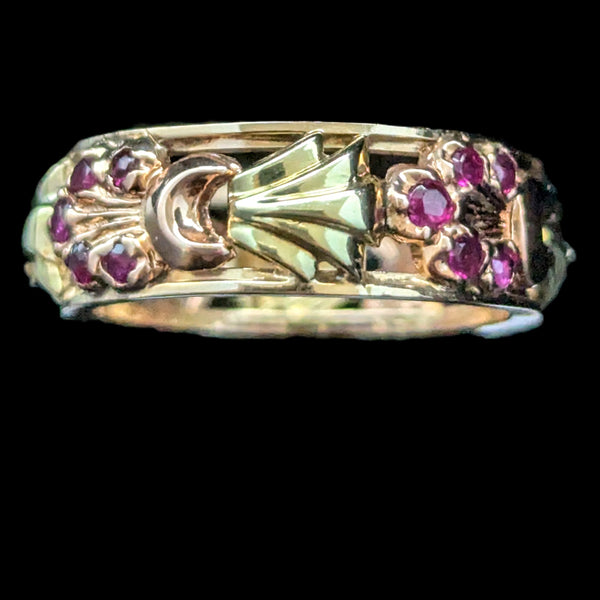 1940s Retro Era 14k Rose Green Gold Rubies Floral Eternity Band Ring Vintage