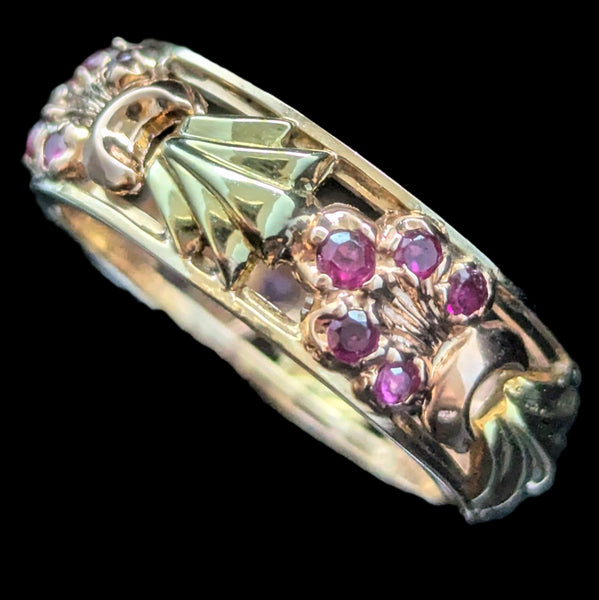 1940s Retro Era 14k Rose Green Gold Rubies Floral Eternity Band Ring Vintage