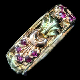 1940s Retro Era 14k Rose Green Gold Rubies Floral Eternity Band Ring Vintage