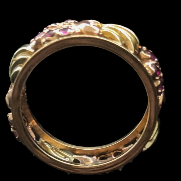 1940s Retro Era 14k Rose Green Gold Rubies Floral Eternity Band Ring Vintage