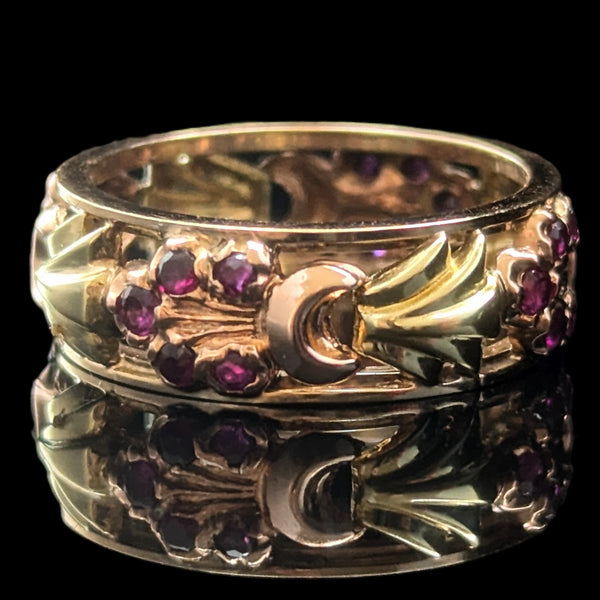 1940s Retro Era 14k Rose Green Gold Rubies Floral Eternity Band Ring Vintage