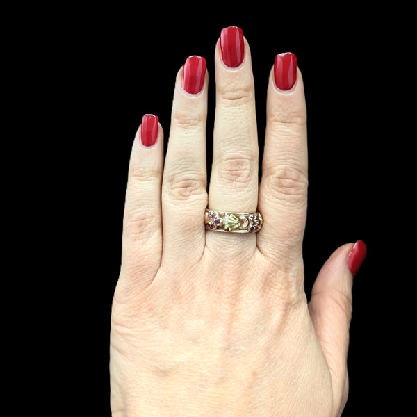 1940s Retro Era 14k Rose Green Gold Rubies Floral Eternity Band Ring Vintage