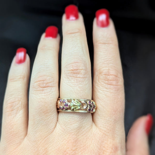 1940s Retro Era 14k Rose Green Gold Rubies Floral Eternity Band Ring Vintage