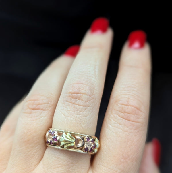 1940s Retro Era 14k Rose Green Gold Rubies Floral Eternity Band Ring Vintage
