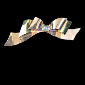 1940s Retro Era Diamond 14k Rose & Yellow Gold Bow Ribbon Motif Brooch Vintage