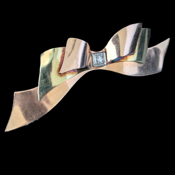 1940s Retro Era Diamond 14k Rose & Yellow Gold Bow Ribbon Motif Brooch Vintage