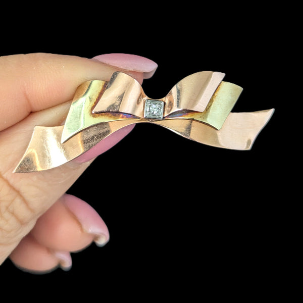 1940s Retro Era Diamond 14k Rose & Yellow Gold Bow Ribbon Motif Brooch Vintage