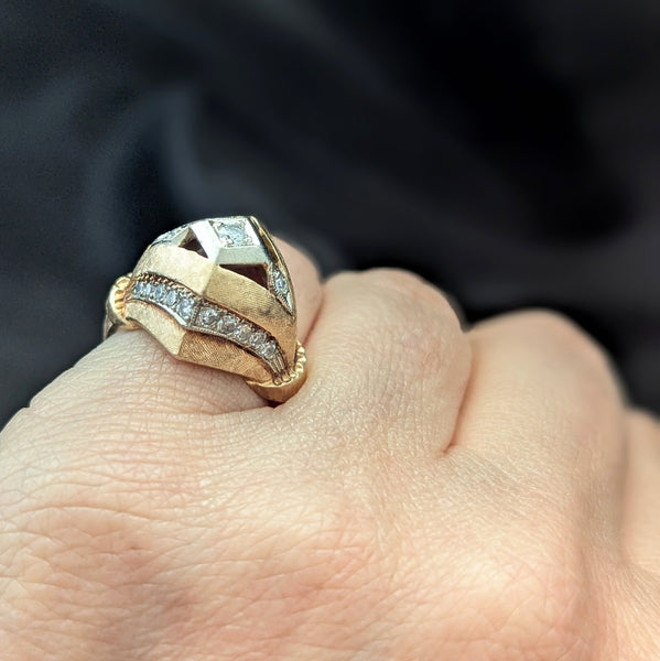 1940s Retro Era Diamonds 14k Yellow White Gold Dome Cocktail Ring Boule Vintage