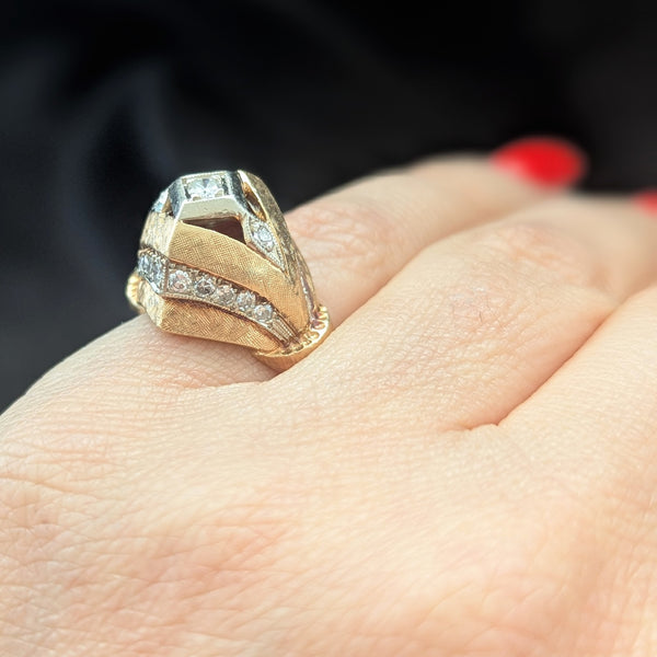 1940s Retro Era Diamonds 14k Yellow White Gold Dome Cocktail Ring Boule Vintage
