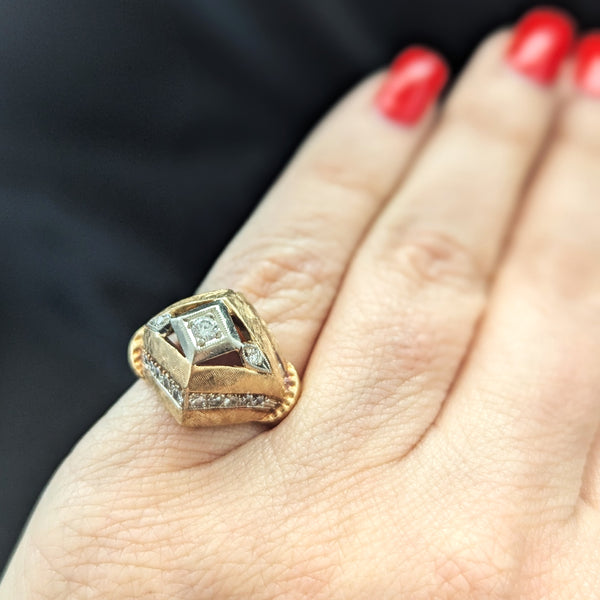 1940s Retro Era Diamonds 14k Yellow White Gold Dome Cocktail Ring Boule Vintage