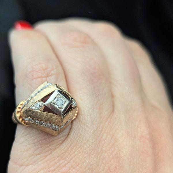 1940s Retro Era Diamonds 14k Yellow White Gold Dome Cocktail Ring Boule Vintage