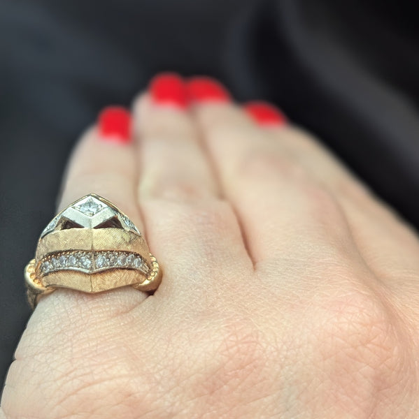 1940s Retro Era Diamonds 14k Yellow White Gold Dome Cocktail Ring Boule Vintage