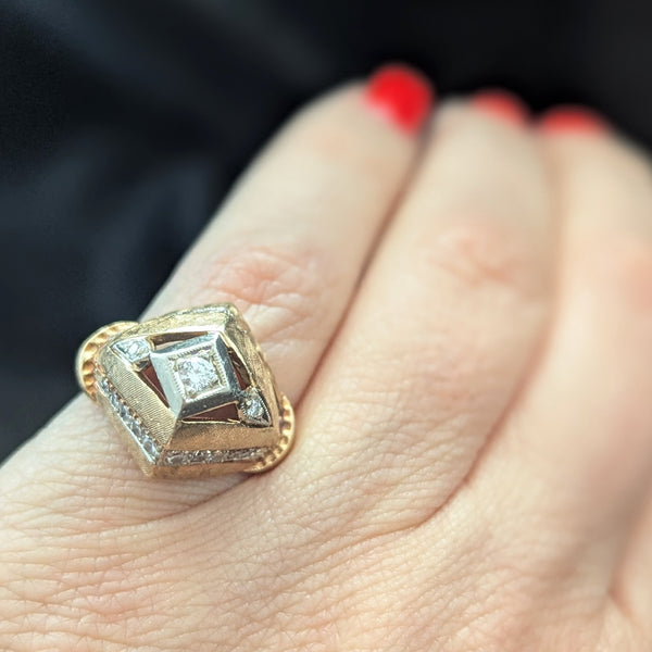 1940s Retro Era Diamonds 14k Yellow White Gold Dome Cocktail Ring Boule Vintage