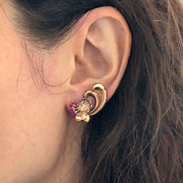 The Keene - 1940s Diamonds Rubies 14k Rose Gold Earrings Retro Era Non Pierced