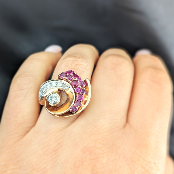 1940s Retro Era Diamonds Rubies 14k Rose Gold Large Cocktail Ring Vintage