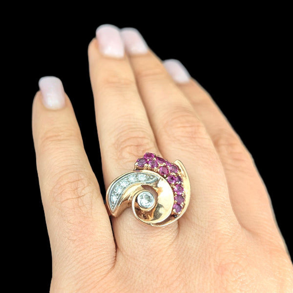 1940s Retro Era Diamonds Rubies 14k Rose Gold Large Cocktail Ring Vintage