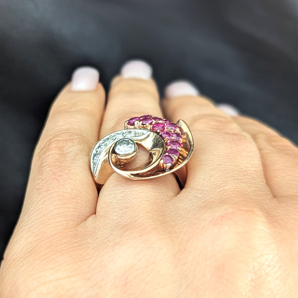 1940s Retro Era Diamonds Rubies 14k Rose Gold Large Cocktail Ring Vintage