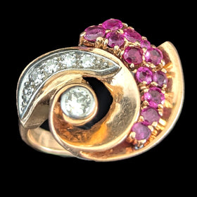 1940s Retro Era Diamonds Rubies 14k Rose Gold Large Cocktail Ring Vintage