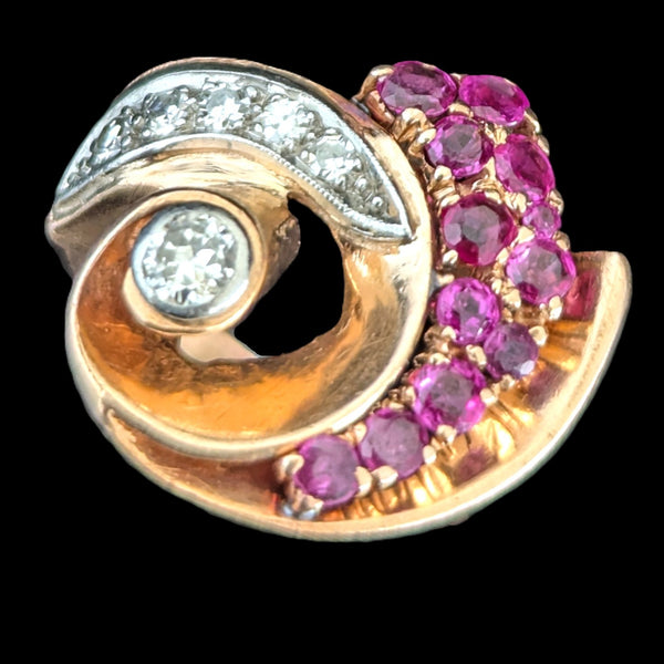 1940s Retro Era Diamonds Rubies 14k Rose Gold Large Cocktail Ring Vintage
