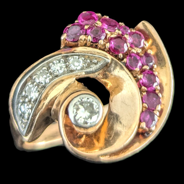 1940s Retro Era Diamonds Rubies 14k Rose Gold Large Cocktail Ring Vintage