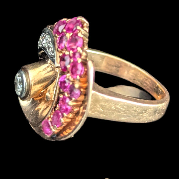 1940s Retro Era Diamonds Rubies 14k Rose Gold Large Cocktail Ring Vintage