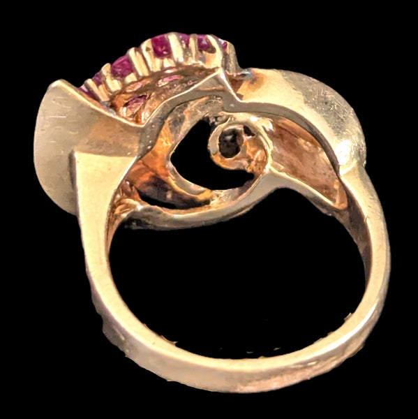 1940s Retro Era Diamonds Rubies 14k Rose Gold Large Cocktail Ring Vintage