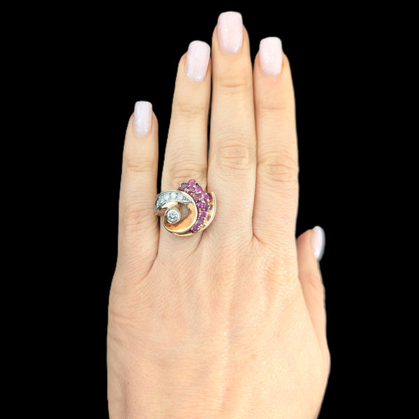1940s Retro Era Diamonds Rubies 14k Rose Gold Large Cocktail Ring Vintage