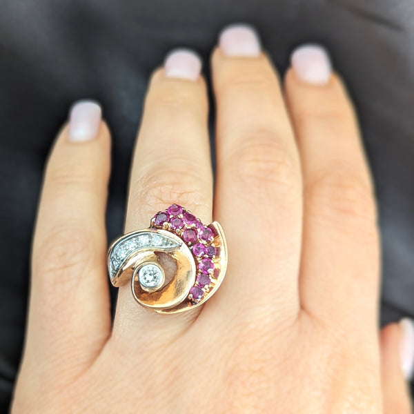 1940s Retro Era Diamonds Rubies 14k Rose Gold Large Cocktail Ring Vintage