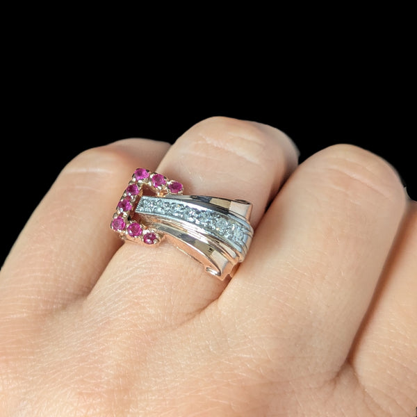 1940s Retro Era Diamonds Rubies 14k Rose Gold Palladium Belt Buckle Ring Vintage