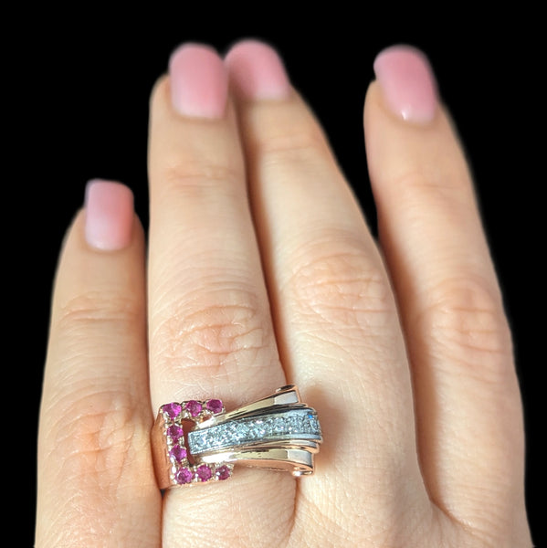 1940s Retro Era Diamonds Rubies 14k Rose Gold Palladium Belt Buckle Ring Vintage