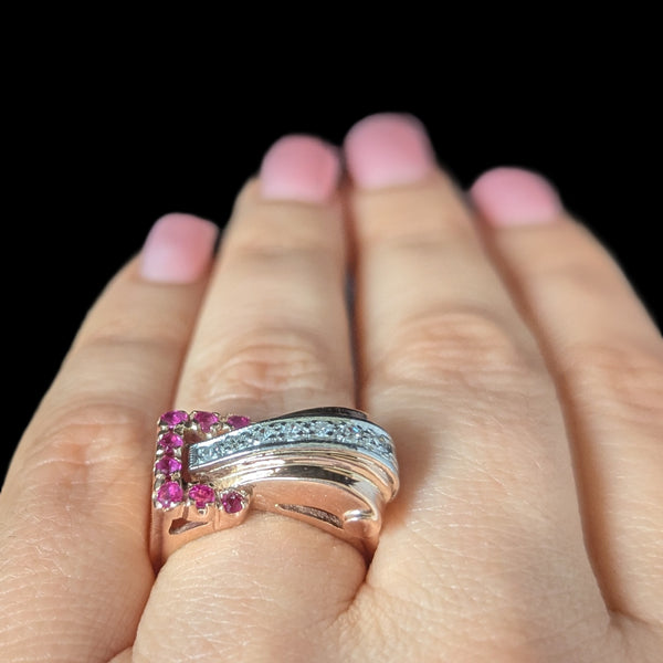 1940s Retro Era Diamonds Rubies 14k Rose Gold Palladium Belt Buckle Ring Vintage