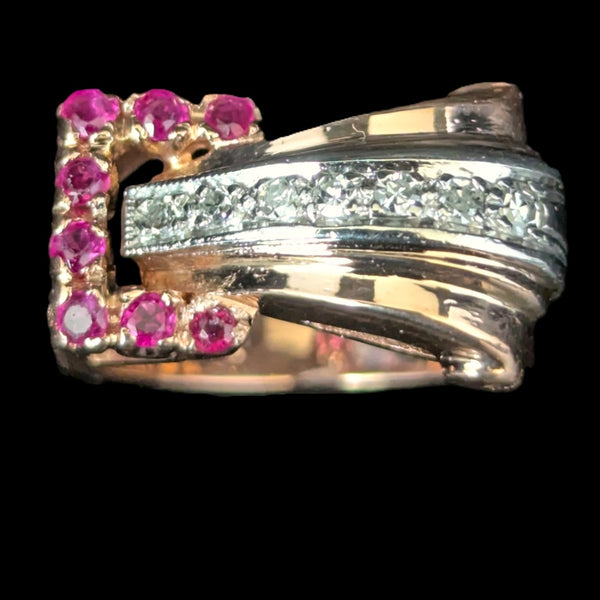 1940s Retro Era Diamonds Rubies 14k Rose Gold Palladium Belt Buckle Ring Vintage