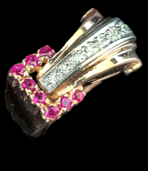 1940s Retro Era Diamonds Rubies 14k Rose Gold Palladium Belt Buckle Ring Vintage