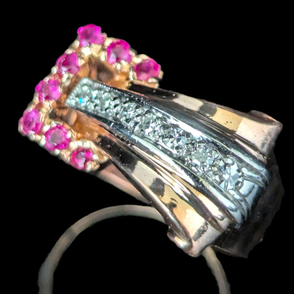 1940s Retro Era Diamonds Rubies 14k Rose Gold Palladium Belt Buckle Ring Vintage
