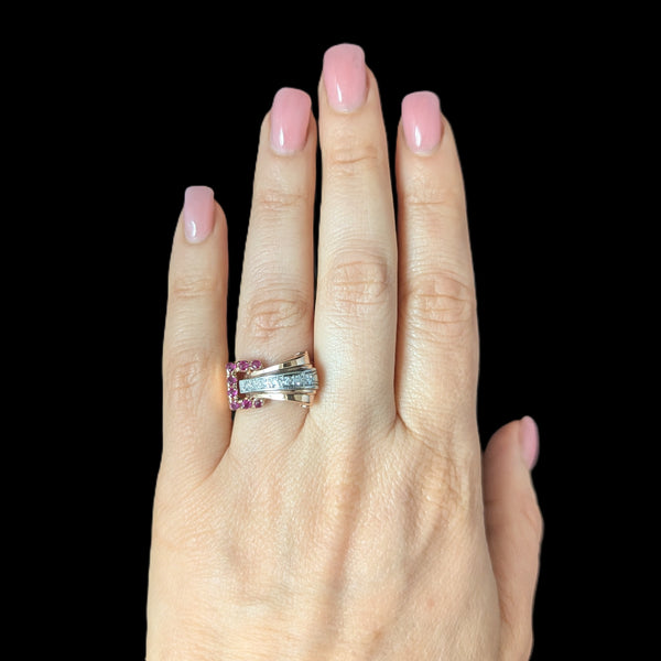 1940s Retro Era Diamonds Rubies 14k Rose Gold Palladium Belt Buckle Ring Vintage