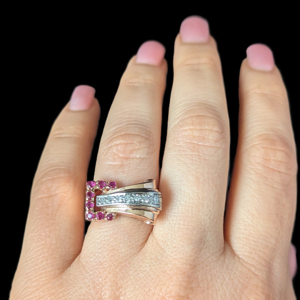 1940s Retro Era Diamonds Rubies 14k Rose Gold Palladium Belt Buckle Ring Vintage